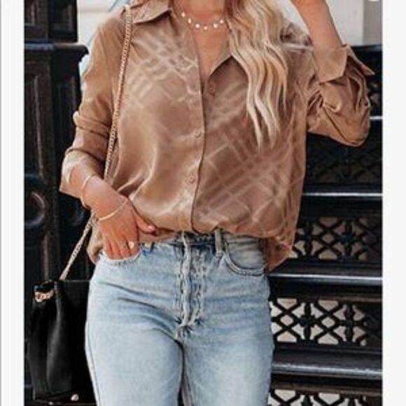 Plaid Khaki Button Down Satin Shirt With Roll Up Sleeves - Picture 2 of 5